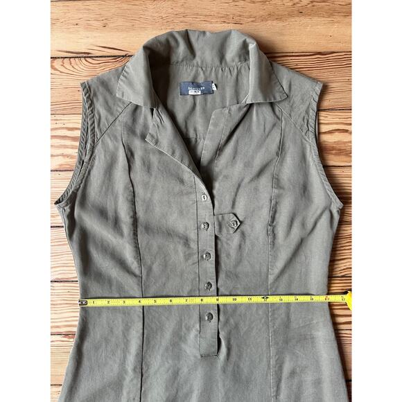 Schiller Collared V Neck Button Front Sleeveless Sage Green Short Shirt Dress - Picture 6 of 10